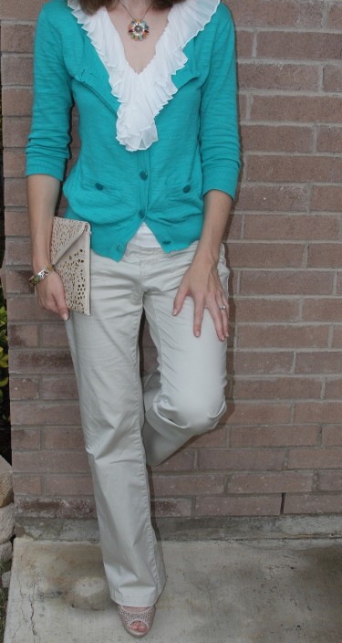 I love feminine touches, like ruffles and lace.  I wanted to add some fun color to this outfit, so I layered with the aqua cardigan.